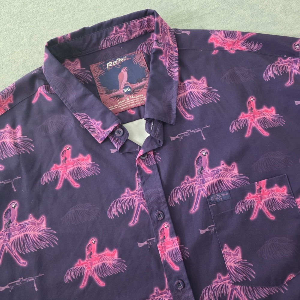 Retro Rifle Saws & Macaws Mens 3XL Purple Pink Tropical Gun Print Stretch Shirt